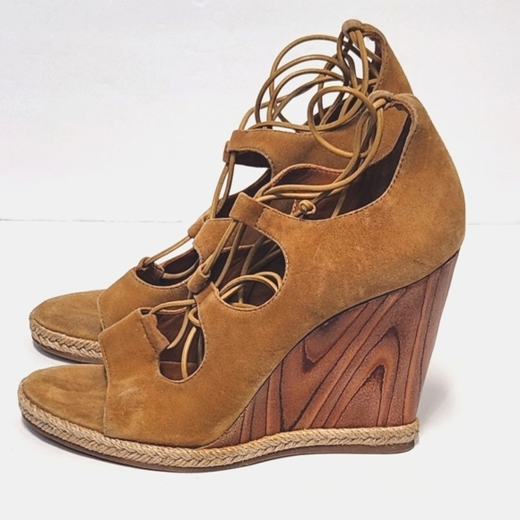 Tory Burch Raya Suede Lace Up Wedges Sandals - Picture 5 of 11